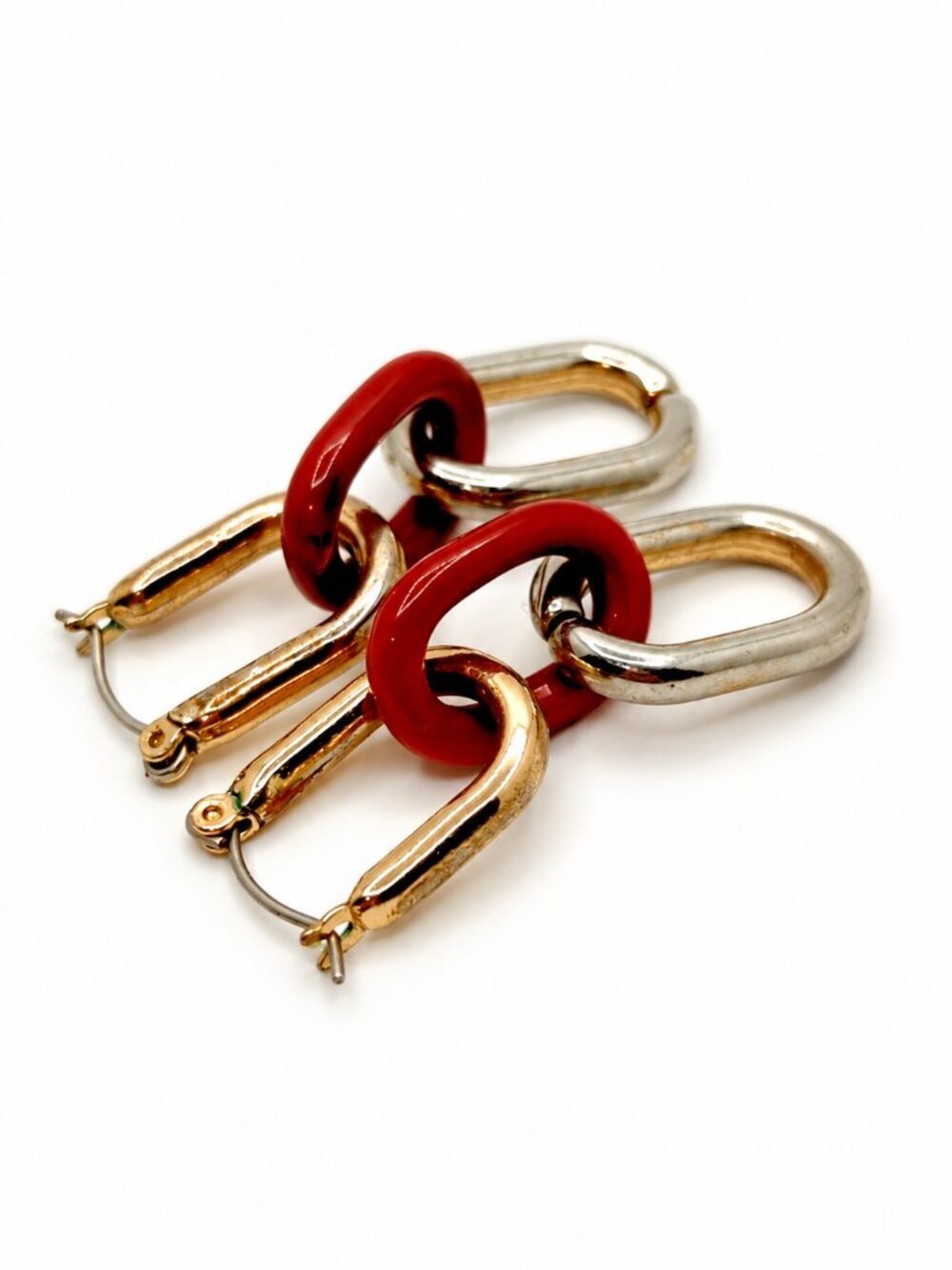 Vintage Red Chain Link Drop Earrings Mixed Metal Holiday Statement